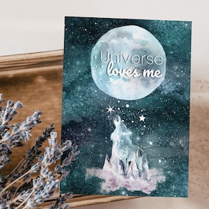 Wolf Postkarte Mond und Galaxie Aquarell | Spirituelle Geschenkidee Frauen | Mystische Tierkarte Achtsamkeit | Krafttier Karte
