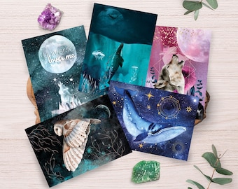 Mystical Postcard Set Watercolor Style Cards | Galaxy and Nature Motifs