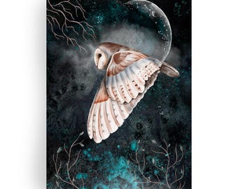 Art print of a barn owl | Watercolor painting of night | Owl flying in front of the moon | Owl poster in nature | Gift for owl lovers | Mystical night scene