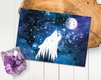 Magical starry wolf postcard