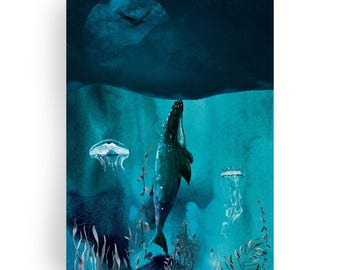 Whale art print | Watercolor ocean picture | Underwater poster | Nautical decor | Gift for divers | Whale picture sea