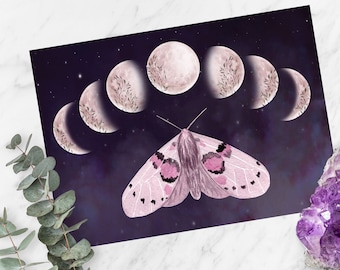 Night, moon, stars, moth, energy, moon phase, greeting card, sky, A6, magic, power, postcard