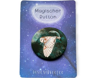 Flying Owl Button with Moon | Pin Badge Night Motif Full Moon