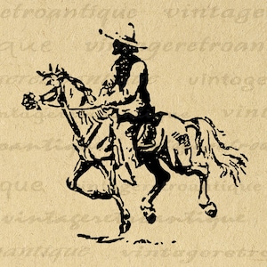 Printable Cowboy Riding Horse Digital Western Horseback Rider Cowboy Illustration Artwork Graphic Image Vintage Clip Art 300dpi No.155