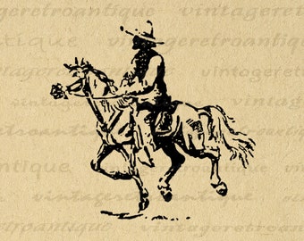 Printable Cowboy Riding Horse Digital Western Horseback Rider Cowboy Illustration Artwork Graphic Image Vintage Clip Art 300dpi No.155