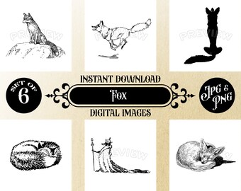 Instant Download Set of 6 Cute Fox Art Digital Images - 12x12 JPG and PNG, Transparent Background, Nursery Wall Art Printable Woodland Decor