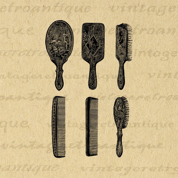 Digital Printable Brush and Comb Set Collection Download Salon Hairdressing Barber Combs Image Graphic Vintage Clip Art 300dpi No.2852