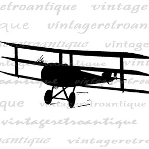 May include: Black and white silhouette of a vintage biplane aircraft. The plane is in flight with its wings spread wide.