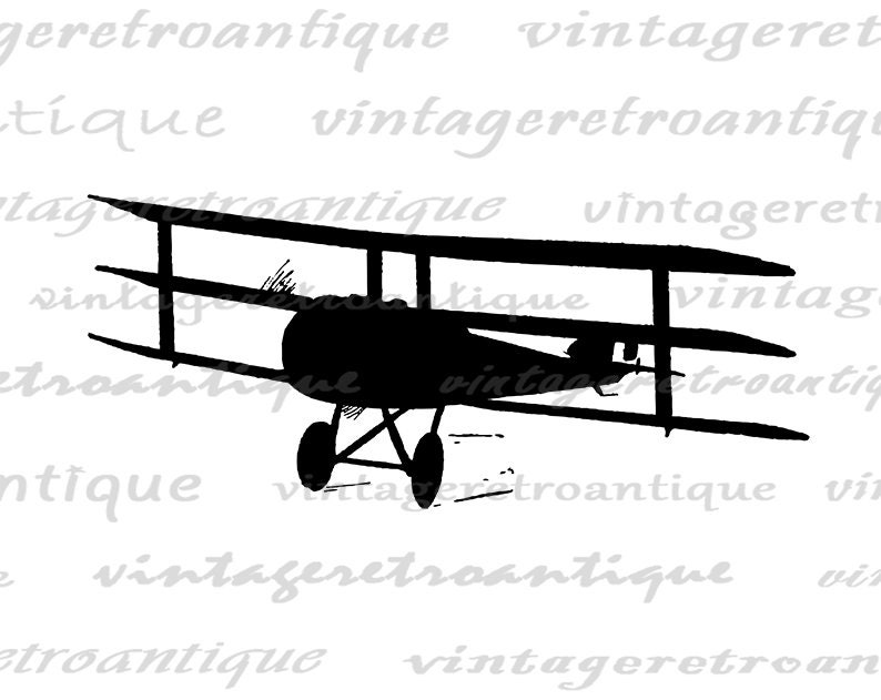 May include: Black and white silhouette of a vintage biplane aircraft. The plane is in flight with its wings spread wide.