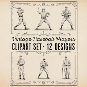 Può includere: Un set grafico digitale con illustrazioni a linee bianche e nere di giocatori di baseball in varie pose. Il testo recita Vintage Baseball Players CLIPART SET 12 DESIGNS, incorniciato da decorazioni a volute su uno sfondo beige chiaro.