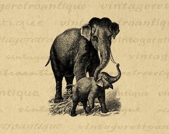 Printable Graphic Elephant and Baby Elephant Download Digital Image Antique Clip Art for Transfers Making Prints etc 300dpi No.3867