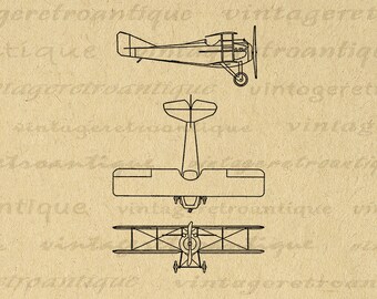 Airplane Diagram Printable Image Top Side Front View Digital Biplane Illustration Graphic Vintage Art for Transfers etc 300dpi No.1675