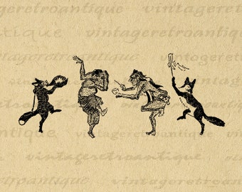 Digital Dancing Foxes Image Graphic Illustrated Printable Download Vintage Fox Clip Art for Iron on Transfers etc 300dpi No.1685
