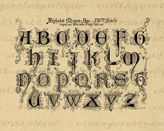 Printable Digital Fancy Elegant Antique Graphic Alphabet Letters Instant Download Medieval Image Vintage Clip Art 300dpi No.199