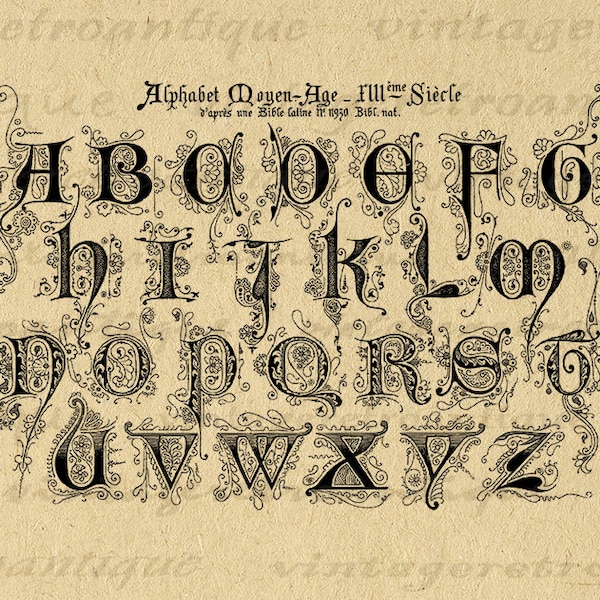 Afdrukbare digitale fancy elegante antieke grafische alfabet Letters Instant Download middeleeuwse afbeelding Vintage Clip Art 300dpi No.199