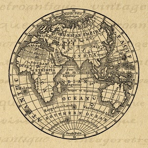Digital Druckbare Antike Erde Globus Karte Bild Östliche Hemisphäre Sofort Download Grafik für Transfers Kissen etc 300dpi No.3572