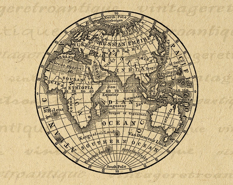 Digital Printable Antique Earth Globe Map Image Eastern Hemisphere Instant Download Graphic for Transfers Pillows etc 300dpi No.3572 image 1