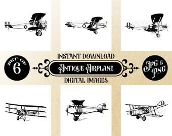 Vintage Airplane Digital Art Set, 6 High-Resolution Vintage Aircraft Prints, 12x12 JPEG and PNG, Instant Download for Wall Decor & Craft