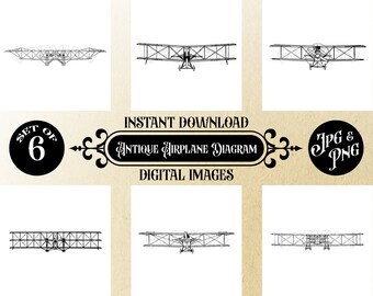 Vintage Airplane Diagrams Digital Set, 12x12 Instant Download, JPG & Transparent PNG, Retro Aviation Art Prints, DIY Wall Decor, Set of 6
