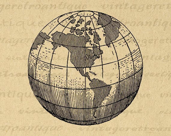 Earth Globe World Map Digital Image Graphic Planet Artwork Download  Printable Antique Clip Art for Transfers Prints Etc 300dpi No.2940 