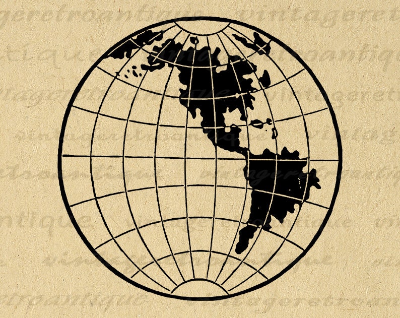 Earth Globe Printable Graphic Digital Image Antique World Planet Instant Download Vintage Clip Art for Transfers etc 300dpi No.3501 image 1