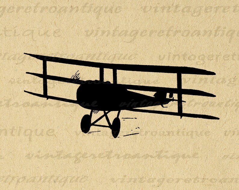 May include: Black silhouette of a vintage biplane aircraft with three wings. The plane is facing forward and has a propeller.
