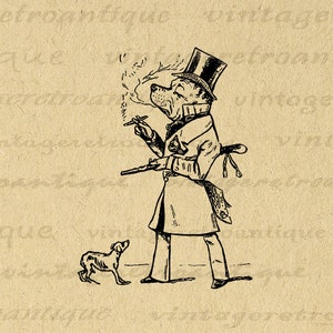 Printable Dog Digital Image Cartoon Dog with Top Hat Graphic Illustration Download Antique Clip Art for Transfers etc 300dpi No.1569
