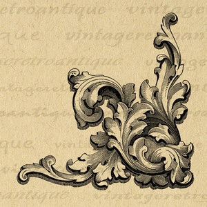 May include: A black and white illustration of a decorative corner design with intricate floral patterns. The design features swirling leaves and scrolls, creating a classic and elegant look.