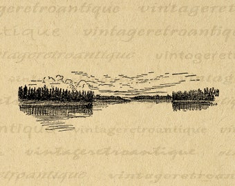 Ilustración de imagen digital imprimible de campamento al aire libre en un lago, gráfico antiguo, clip art para transferencias, etc., 300 dpi, n.° 875