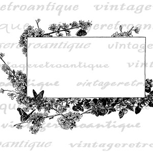 Printable Butterflies Flowers Design Digital Graphic Blank Frame Box Image Download Vintage Clip Art for Transfers etc 300dpi No.3593 image 2