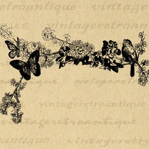 Digital Bird and Butterflies Floral Banner Graphic Download Flowers Image Printable Vintage Clip Art for Transfers etc 300dpi No.3634