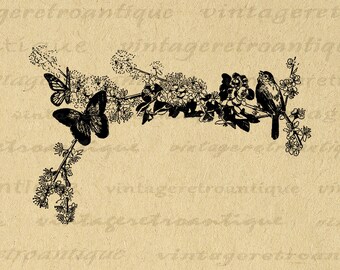 Digital Bird and Butterflies Floral Banner Graphic Download Flowers Image Printable Vintage Clip Art for Transfers etc 300dpi No.3634