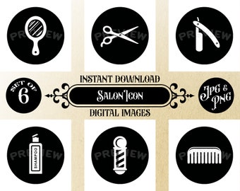 Instant Download Barber Salon Icons, Set of 6 Printable Digital Images, 12x12 JPG/PNG, Hairdresser Wall Art, Clear Background for DIY Crafts