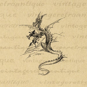 Digital Dragon with Knight Image Graphic Medieval Printable Download Vintage Antique Clip Art for Transfers Printis etc 300dpi No.3091