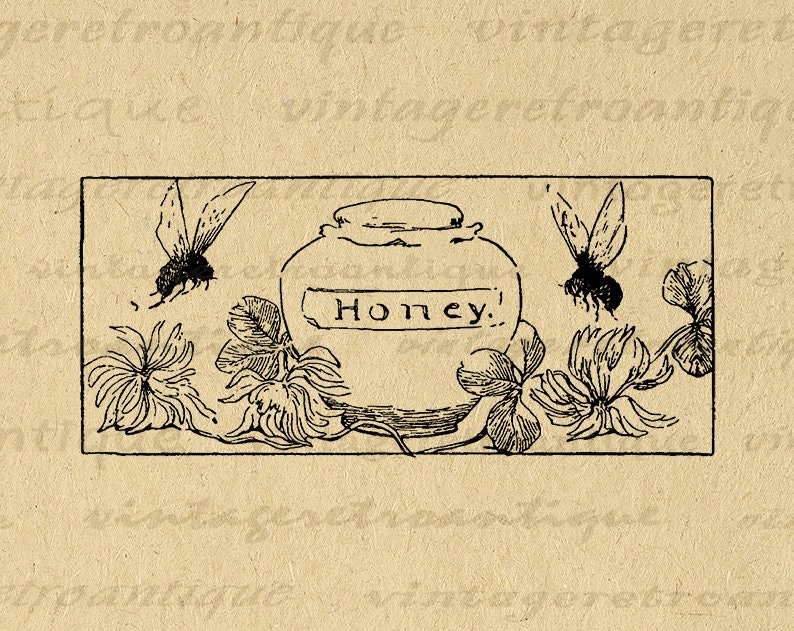 Printable Bees with Honey Image Download Digital Graphic Illustration Antique Clip Art for Transfers Making Prints etc 300dpi No.2510 image 1