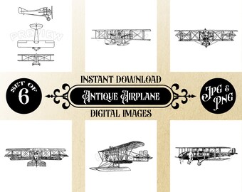 Antique Airplanes Digital Art Set, Instant Download, 12x12 JPG & Transparent PNG, Vintage Aviation Wall Decor, Printable Gifts, Set of 6