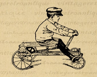 Old Fashioned Boy with Toy Car Digital Image Printable Graphic Childrens Wagon Illustration Download Antique Clip Art 300dpi No.1793