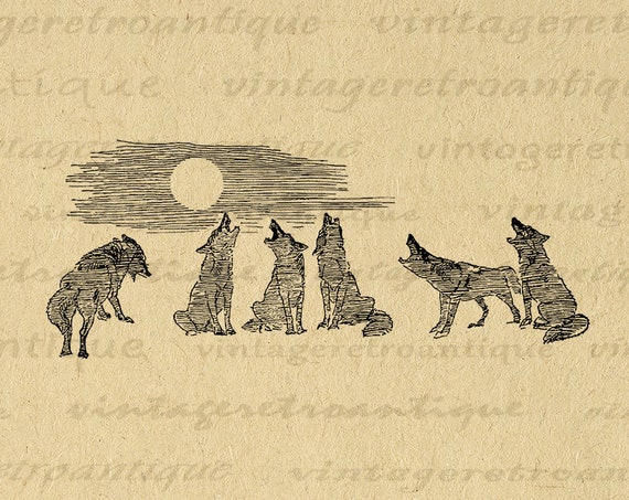 Wolves Howling At The Moon Printable Graphic Image Wolf Etsy