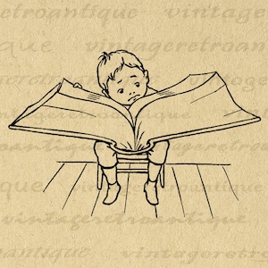 Boy Reading Big Book Graphic Image Digital Printable Reading Illustration Vintage Clip Art Download for Transfers Printing etc No.3227