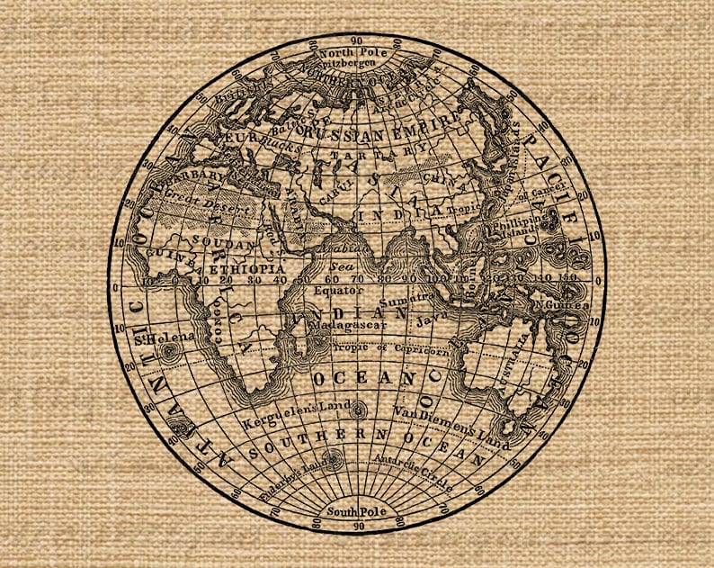 Digital Printable Antique Earth Globe Map Image Eastern Hemisphere Instant Download Graphic for Transfers Pillows etc 300dpi No.3572 image 3