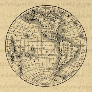 Image numérique imprimable numérique de l'hémisphère occidental, carte graphique du globe terrestre antique pour le fer sur des coussins de transferts 300 dpi n° 3573