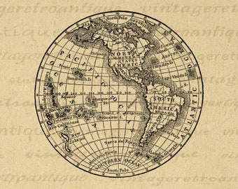 Digital Printable Antique Earth Globe Map Graphic Western Hemisphere Image Download for Iron on Transfers Pillows 300dpi No.3573