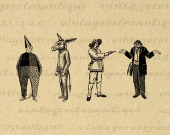 11x14 Printable Antique Figures People Clown Rabbit Cowboy Graphic Download Digital Image Artwork Vintage Clip Art for Transfers etc No.1735