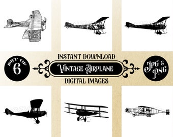 Instant Download Set of 6 Vintage Airplane Digital Images, High-Resolution JPG & Clear PNG, 12x12in Wall Art Decor Printable for DIY Crafts