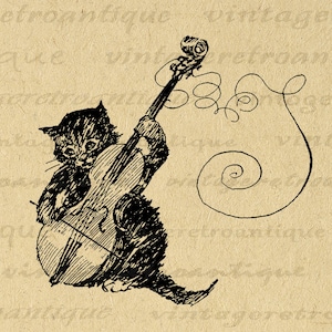 Printable Graphic Kitten Cat Playing Violin Image Music Digital Illustration Artwork Download Vintage Cat Clip Art 300dpi No.1727