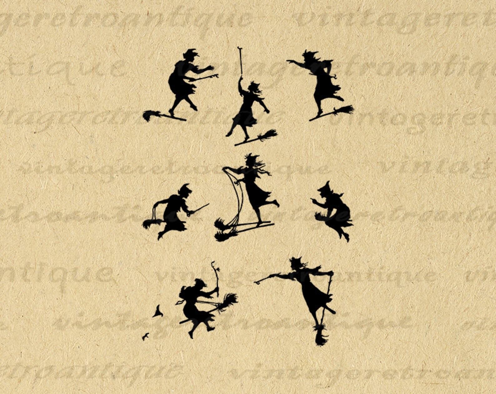 Digital Printable Witch Flying With Broom Silhouettes Image Graphic ...