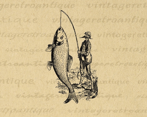 Fisherman Catching Big Fish Printable Graphic Fishing Digital Image  Download Vintage Clip Art for Transfers Prints Etc 300dpi No.4228 