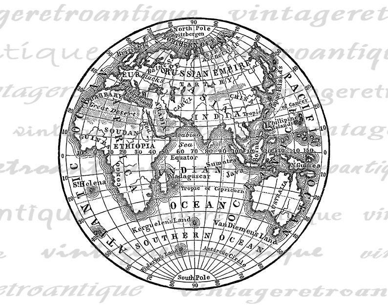 Digital Printable Antique Earth Globe Map Image Eastern Hemisphere Instant Download Graphic for Transfers Pillows etc 300dpi No.3572 image 2