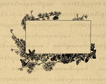 Printable Butterflies Flowers Design Digital Graphic Blank Frame Box Image Download Vintage Clip Art for Transfers etc 300dpi No.3593