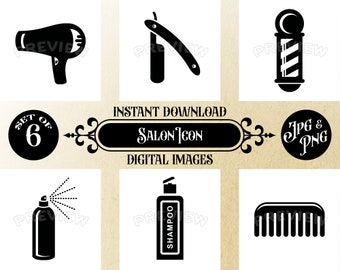 Barber Salon Icons Digital Printables Set of 6 - Instant Download, 12x12 JPG/PNG, Clear Background - Perfect for Home Decor or Barbershop